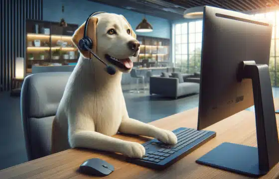 A Labrador with a headset at a computer, exemplifying pets in improving mental health, offering support with a friendly demeanor in a stylish office setting. pet care contact