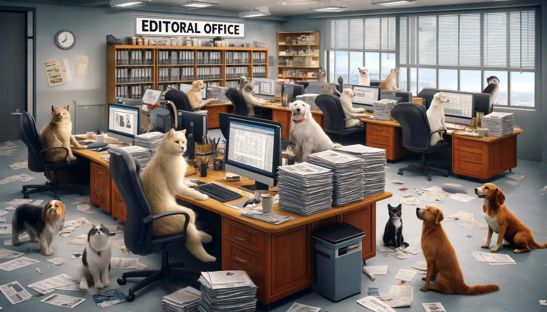 A creative depiction of an editorial office run by pets, with cats and dogs at desks surrounded by papers, humorously suggesting they're crafting pet care tips for a dedicated animal lovers' blog.