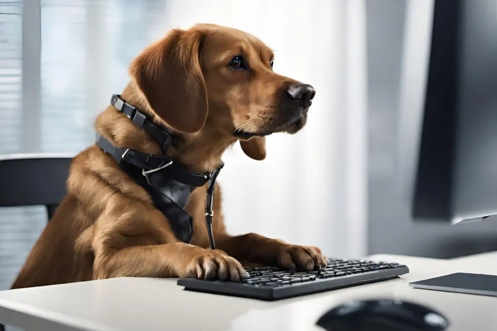 A golden retriever attentively working at a computer with a headset, humorously representing an expert ready to share pet care tips with online readers.