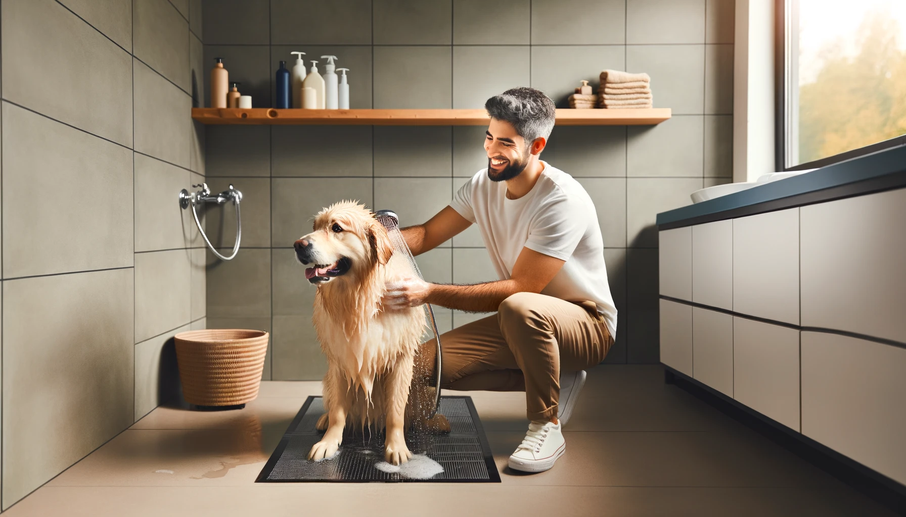 A young man gently bathing a large, fluffy Golden Retriever in a modern bathroom, highlighting a positive and engaging interaction during pet care. Bathing resistant pets