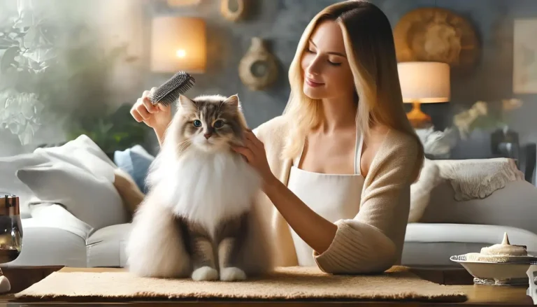 A serene cat being gently brushed by its owner in a cozy, well-lit living room, illustrating the bonding moment during grooming. Cat Brushing Techniques