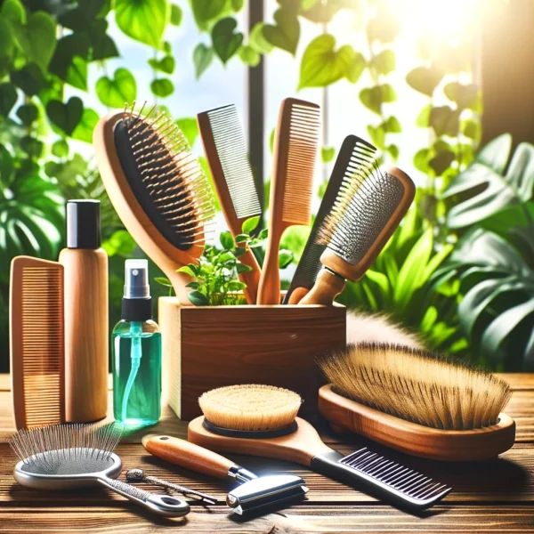 A vibrant and engaging scene of essential grooming tools for cats, including a slicker brush, metal comb, bristle brush, and a detangling spray, arranged on a wooden table against a backdrop of lush green plants. Cat Brushing Techniques