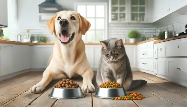 A high-quality, ultra-realistic image of a happy dog and a content cat eating healthy food suitable for them in a clean, bright kitchen setting, emphasizing the importance of providing safe, healthy food for pets.