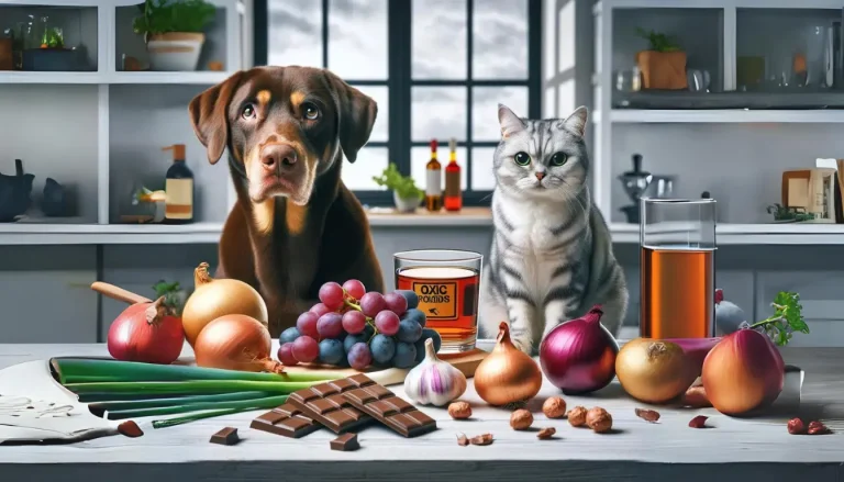 A high-quality, ultra-realistic image of a dog and a cat near a variety of foods that are toxic for pets, including chocolate, grapes, onions, garlic, and alcohol, in a kitchen setting, emphasizing the importance of keeping these harmful foods away from pets.