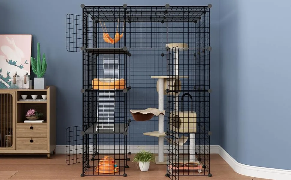 Freestanding cat enclosure in a house with multiple levels.