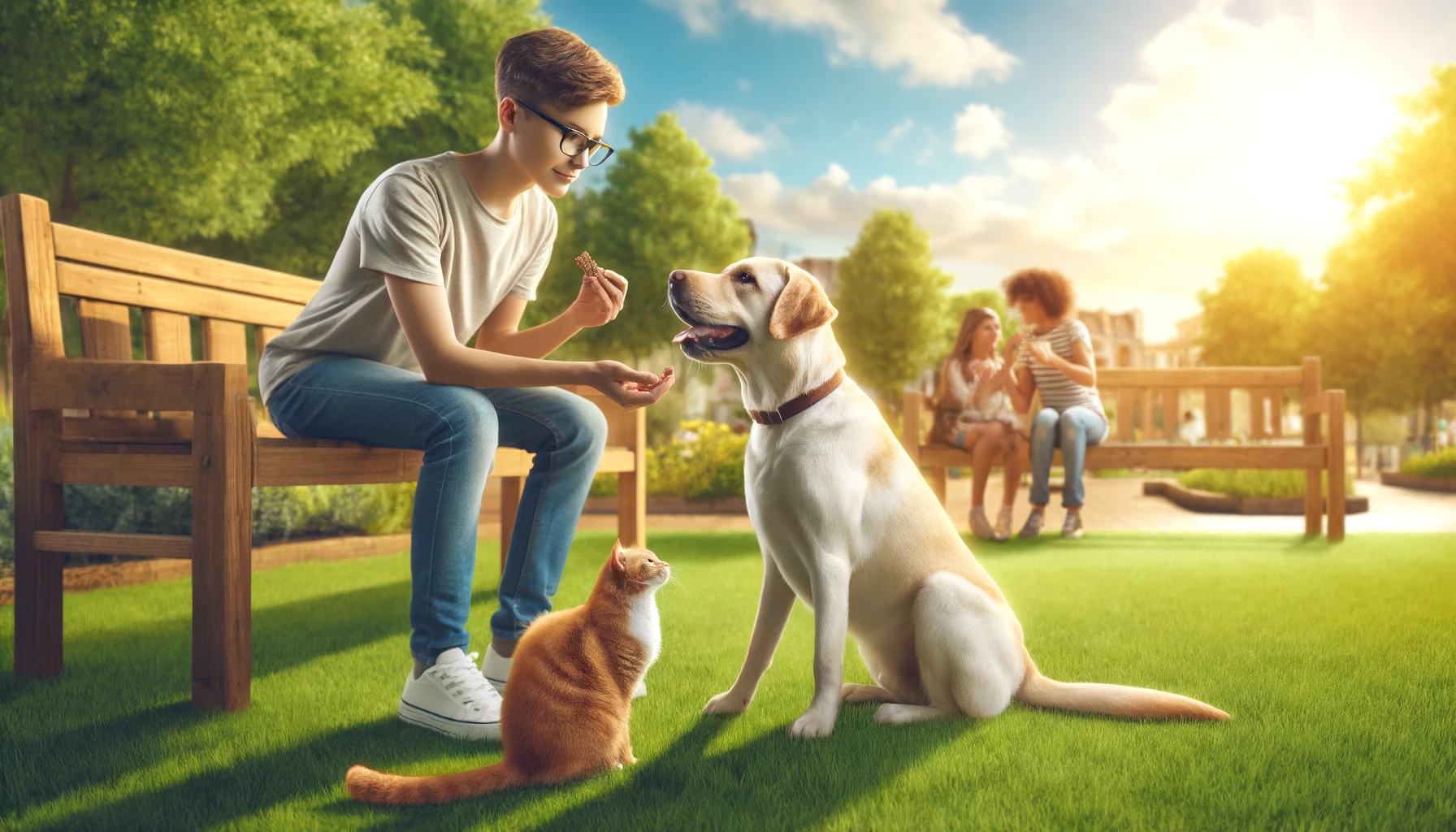 A high-quality, ultra-realistic image of a young woman training a Labrador Retriever with treats and a boy gently petting a relaxed cat on a bench in a sunny park, highlighting the advantages of developing a sociable and friendly pet.