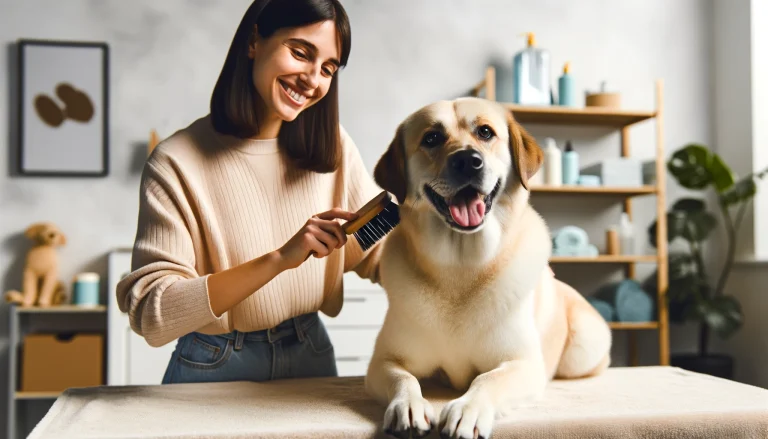 A calm and content medium-sized dog being gently groomed by a female pet owner in a quiet, well-lit room, depicting a nurturing and stress-free grooming session. Bathing resistant pets