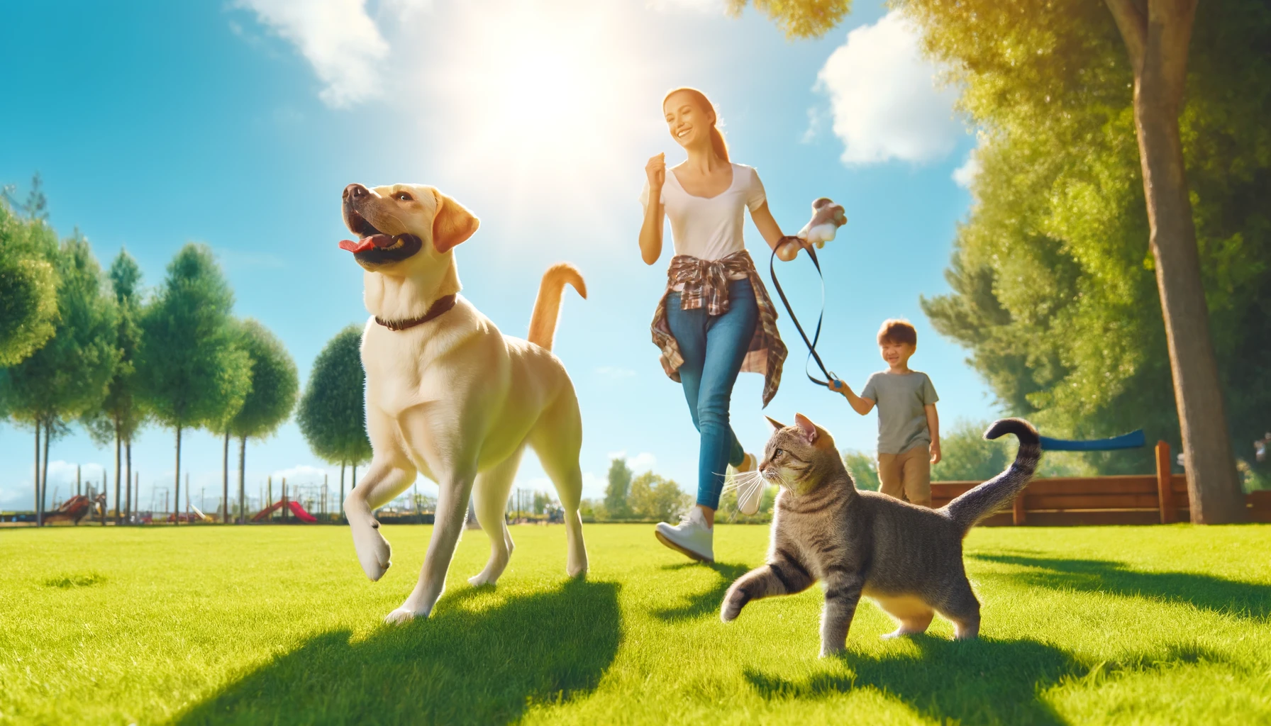 A young woman jogging with a golden retriever on a leash along a lush, green pathway in a park, under a clear blue sky. The scene emphasizes the joy and health benefits of outdoor exercise for both the person and the dog. Pet exercise benefits