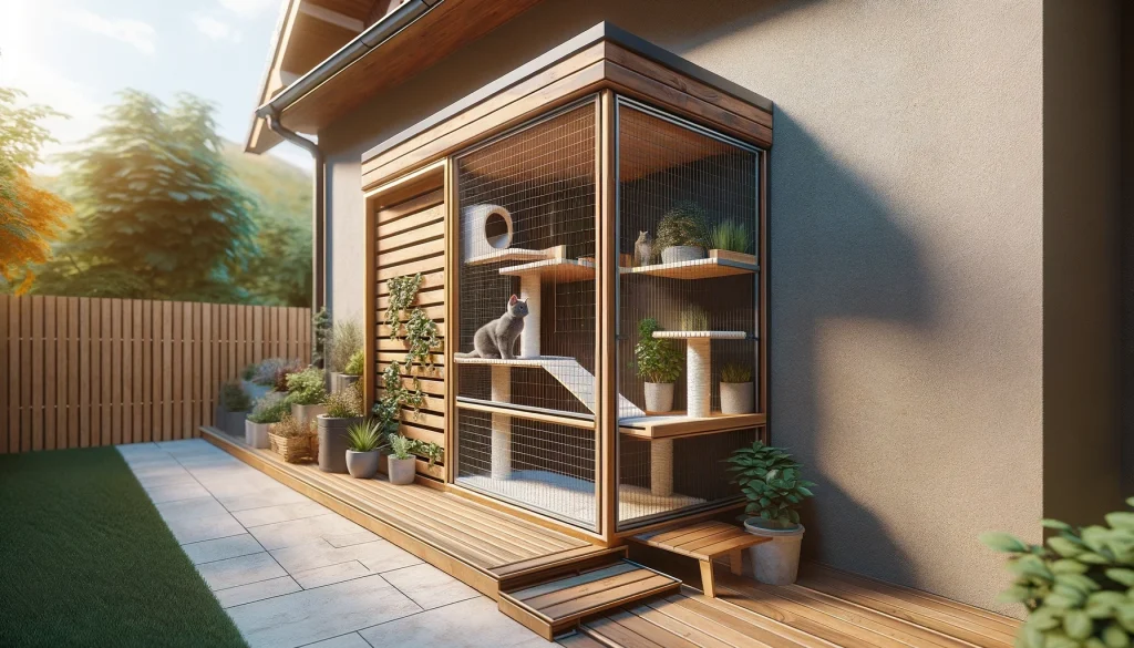 Large outdoor catio with multiple levels and climbing structures.