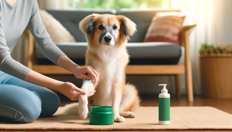 A pet owner applying natural aloe vera gel to a calm dog’s paw. The dog sits on a soft mat in a cozy home setting, with natural light highlighting the care and attention given. An aloe vera gel container is visible beside the dog. Skin Diseases in Pets