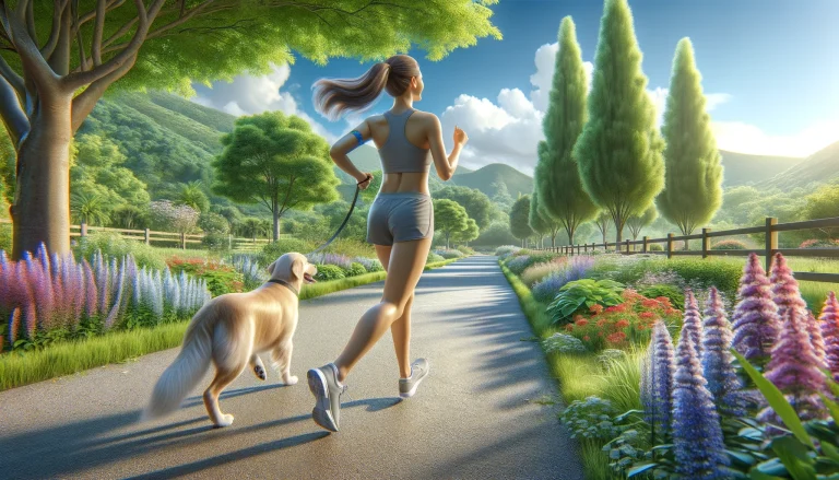 A hyper-realistic, ultra-high-definition 4K image of a young woman running with a golden retriever on a leash. They are on a beautiful, scenic pathway with lush greenery and clear blue skies, capturing the vitality and benefits of outdoor exercise. Pet exercise benefits