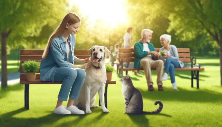 A high-quality, ultra-realistic image of a friendly dog and cat interacting with people in a sunny park, showcasing the benefits of developing a sociable and friendly pet.