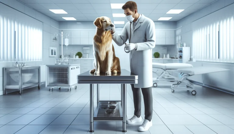 A hyper-realistic image of a veterinarian performing a routine check-up on a healthy golden retriever in a modern veterinary clinic, emphasizing the importance of preventive pet care.