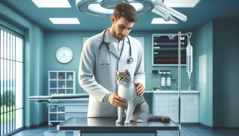 A hyper-realistic image of a veterinarian examining a calm cat in a modern, clean veterinary clinic, highlighting the importance of preventive pet care for maintaining pet health.