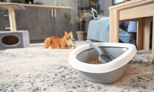 Modern cat litter box in a stylish home setting, ideal for new cat owners looking to create a welcoming space for their feline friend as described in The Essential Guide for New Cat Owners.