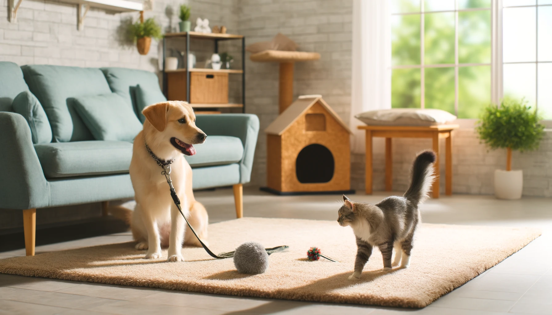 A friendly dog and a new cat meeting for the first time in a cozy home setting. The dog is on a leash, and the cat is moving freely, highlighting a peaceful and positive environment.