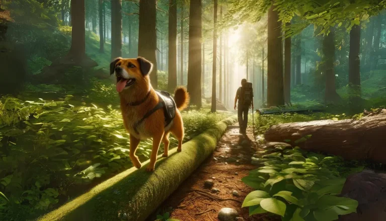 Dog traveling through a forest with its owner, showcasing an adventurous hike amidst lush greenery and tall trees. Traveling with Your Pet