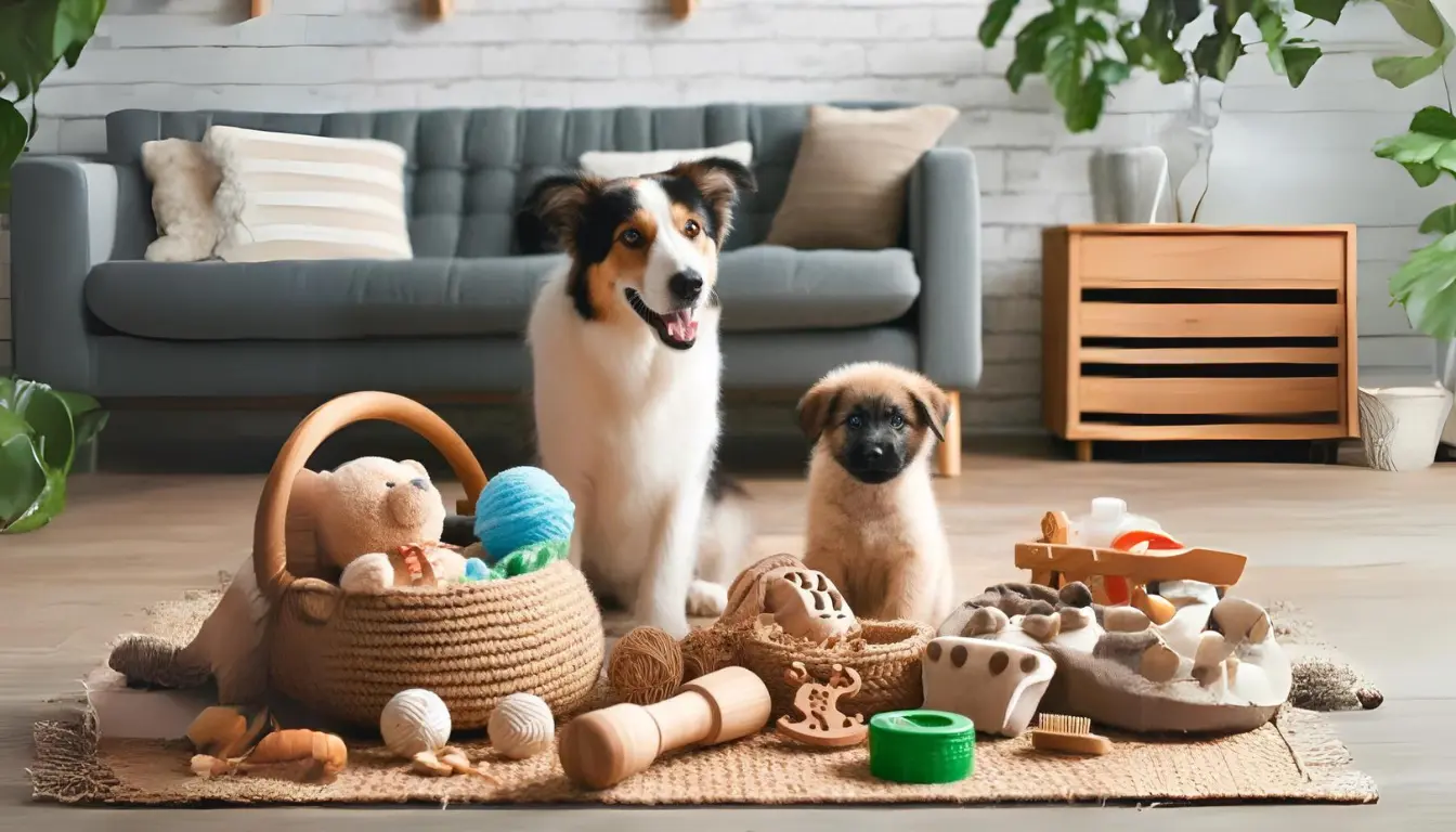 Image of happy pets using eco-friendly products such as organic cotton toys, recycled fiber beds, and natural grooming supplies in an environmentally friendly home. Highlights the importance of sustainable products in pet care. Eco-Friendly Pet Products