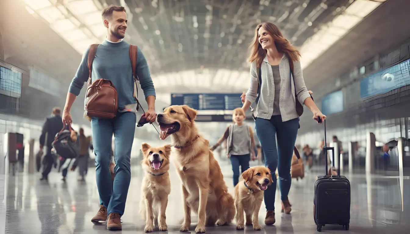 Family traveling with their dogs at an airport, showcasing a happy and well-prepared journey. Traveling with Your Pet