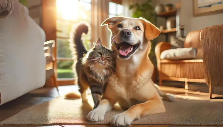 A very happy dog and cat together in a cozy indoor setting with the dog wagging its tail and smiling, and the cat playfully purring and rubbing against the dog. The room is warm and inviting with soft lighting, comfortable furniture, and a window showing a peaceful garden outside. Relieve pet stress and anxiety