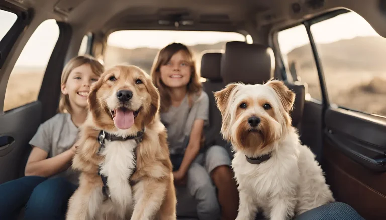 Kids traveling with their dogs in a car, showcasing a happy road trip with pets. Traveling with Your Pet