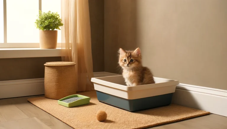 Kitten using a litter box in a cozy, clean corner of a home with a soft rug, a litter mat, and toys nearby. Kitten Litter Box Training