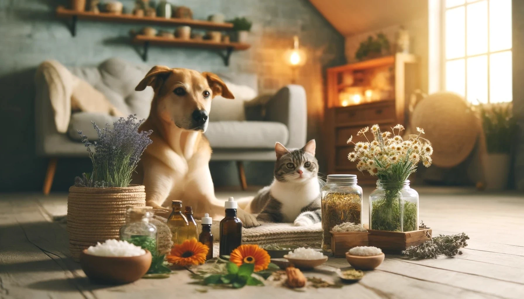 Cozy home environment illustrating natural pet healing with medicinal plants. A dog and a cat relax near various herbal remedies including chamomile, aloe vera, calendula, and ginger, emphasizing holistic pet care.