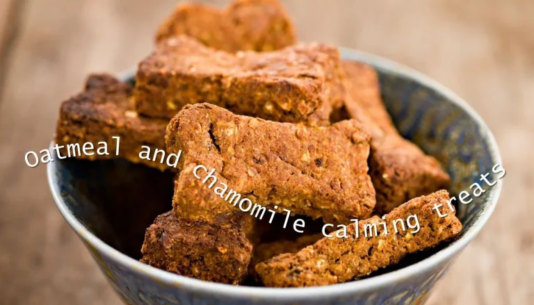 Bowl of homemade oatmeal and chamomile calming treats for pets, highlighting a natural remedy for pet anxiety.