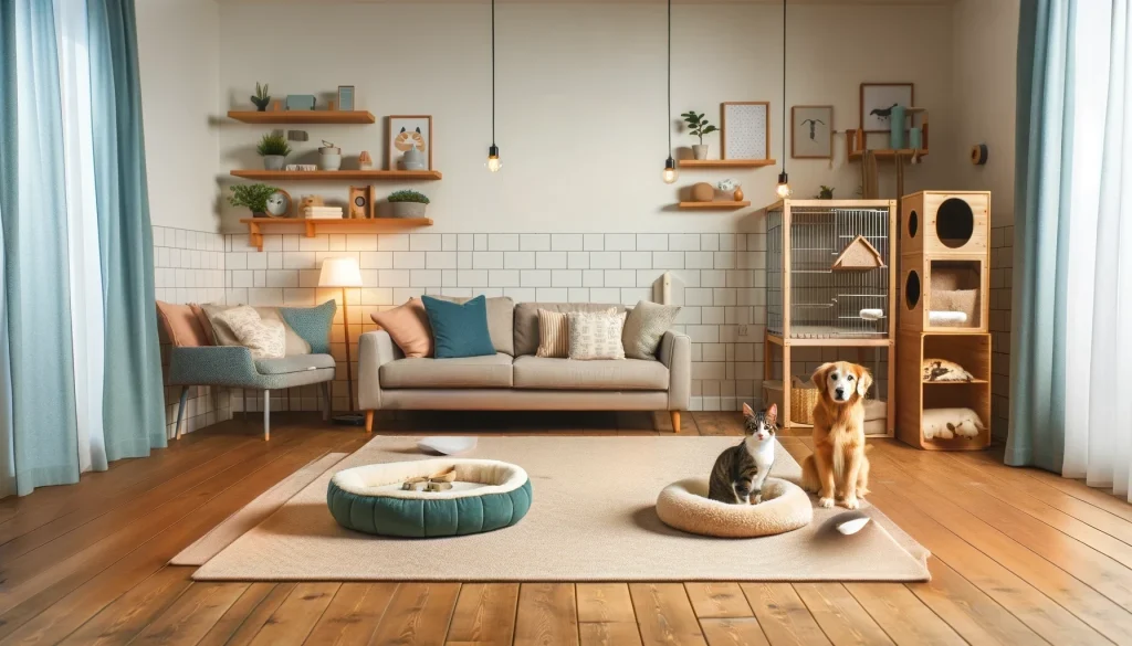 A cozy home setting prepared for introducing a new cat to a resident dog. The home features separate areas for the cat and dog, with comfortable bedding and safe zones. The atmosphere is welcoming and peaceful, ready for the gradual introduction of the new cat to the dog.