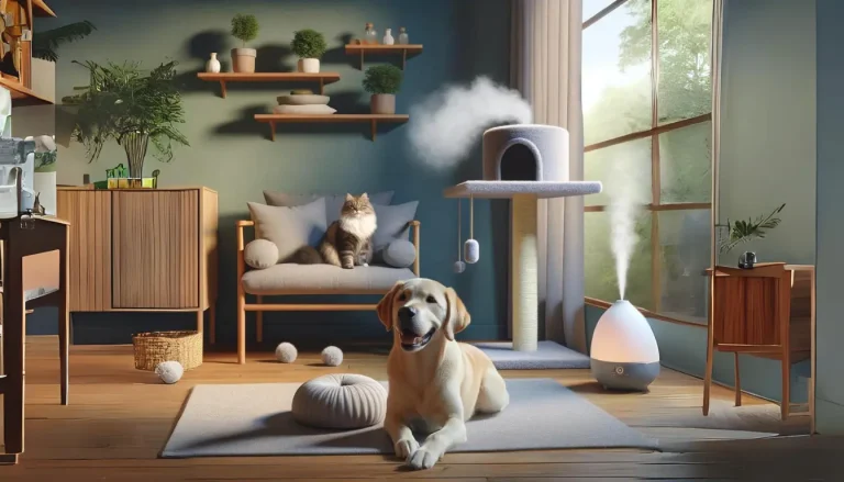 A serene and cozy living room with a relaxed dog on a soft bed and a cat on a cat tree, surrounded by calming colors and a diffuser emitting a soothing aroma. Relieve pet stress and anxiety