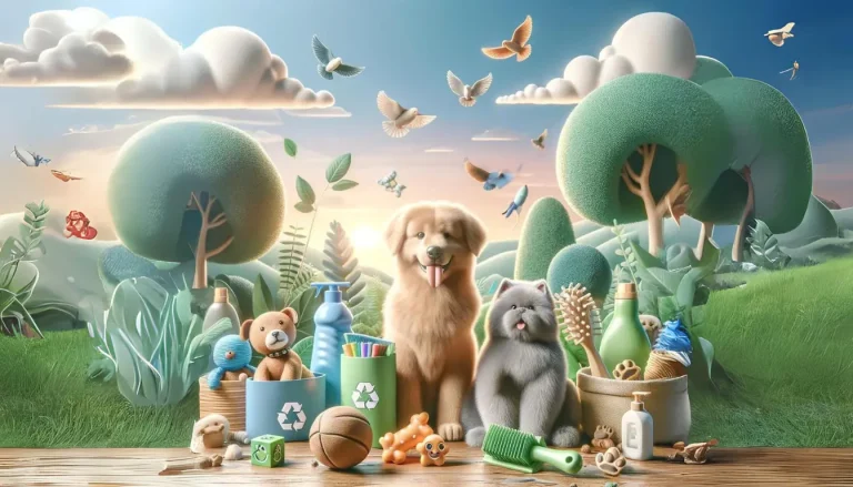 Image of a natural setting showcasing the benefits of sustainable pet care. Includes products like biodegradable waste bags, toys made from natural materials, and eco-friendly grooming supplies, highlighting waste reduction and resource conservation. Ideal for emphasizing the positive impact of sustainable practices in pet care. Eco-Friendly Pet Products